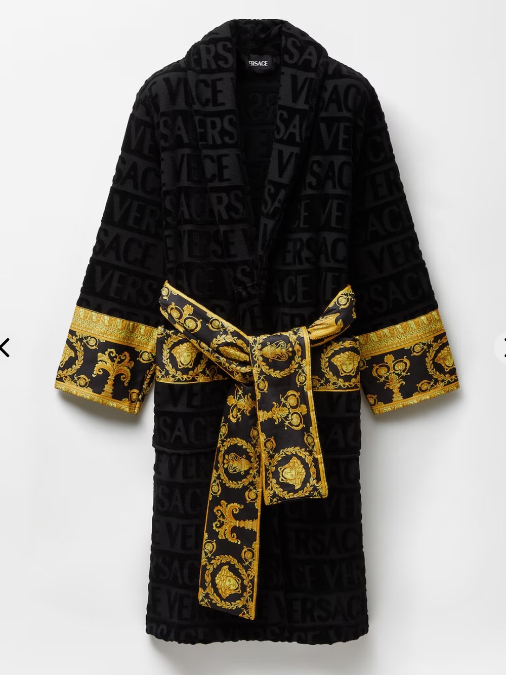 Versace Black Velvet Robe Coat with Gold Baroque Trim
